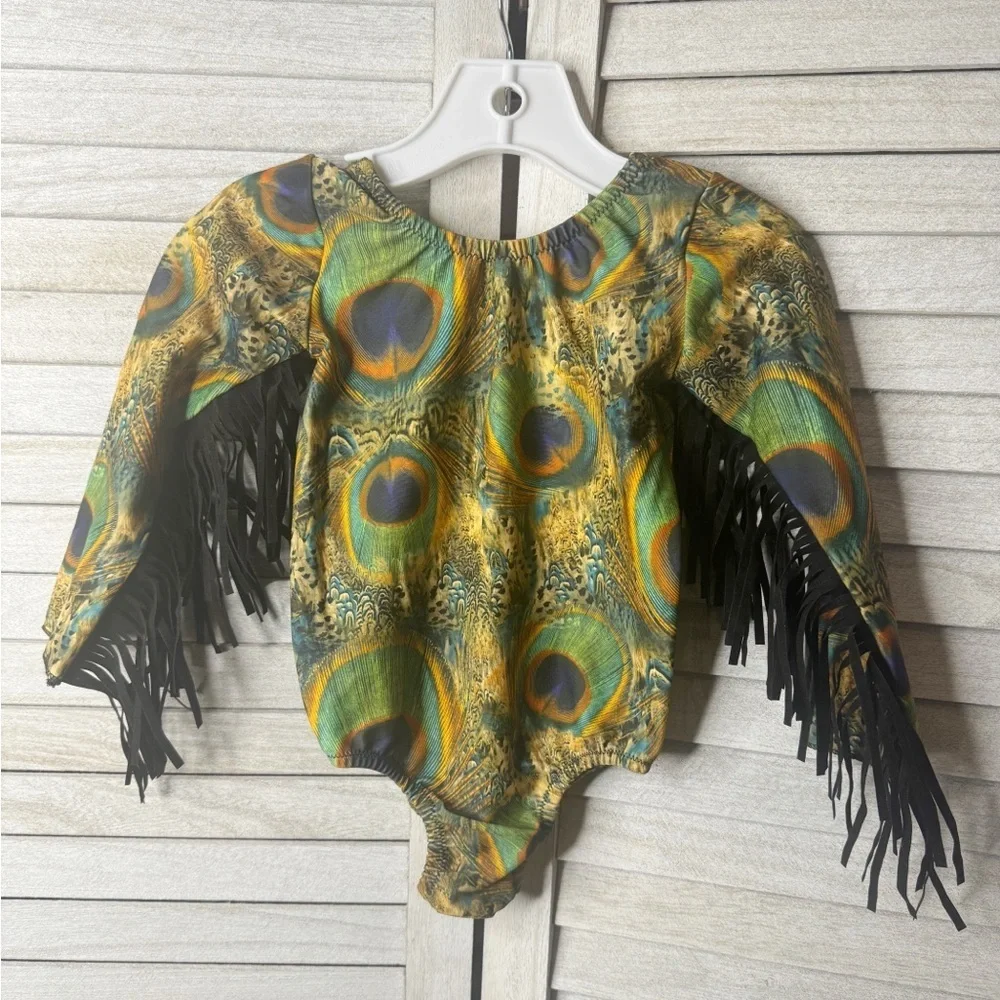 Handmade Small Shop Peacock Fringe Leotard. Absolutely Adorable. Size 2/3. OOAK